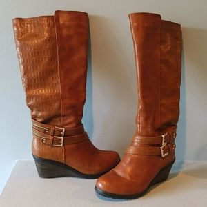 knee high brown wedge boot